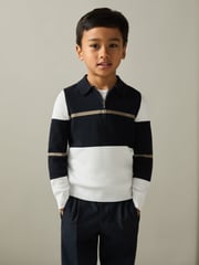 Reiss Navy/White/Camel Tokyo 9-13 yrs Colour-Block Half-Zip Polo Shirt - Image 3 of 4