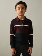 Reiss Navy/Bordeaux/White Tokyo 3-9 yrs Colour-Block Half-Zip Polo Shirt - Image 1 of 4