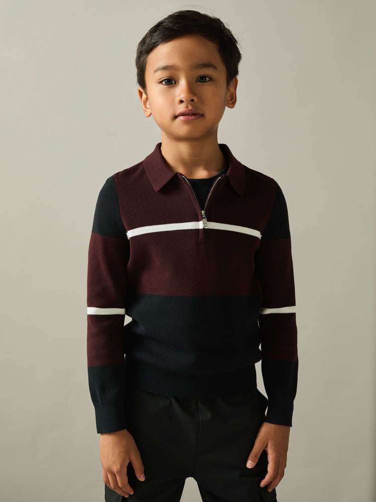 Reiss Navy/Bordeaux/White Tokyo 3-9 yrs Colour-Block Half-Zip Polo Shirt - Image 1 of 4