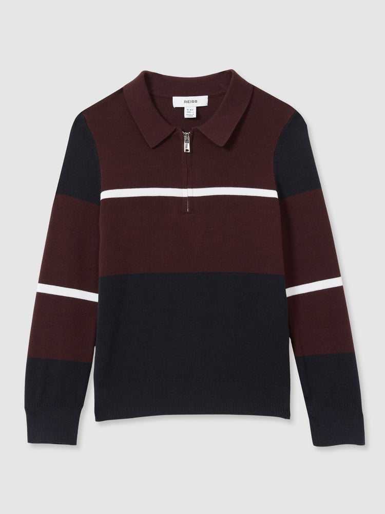 Reiss Navy/Bordeaux/White Tokyo 3-9 yrs Colour-Block Half-Zip Polo Shirt - Image 2 of 4