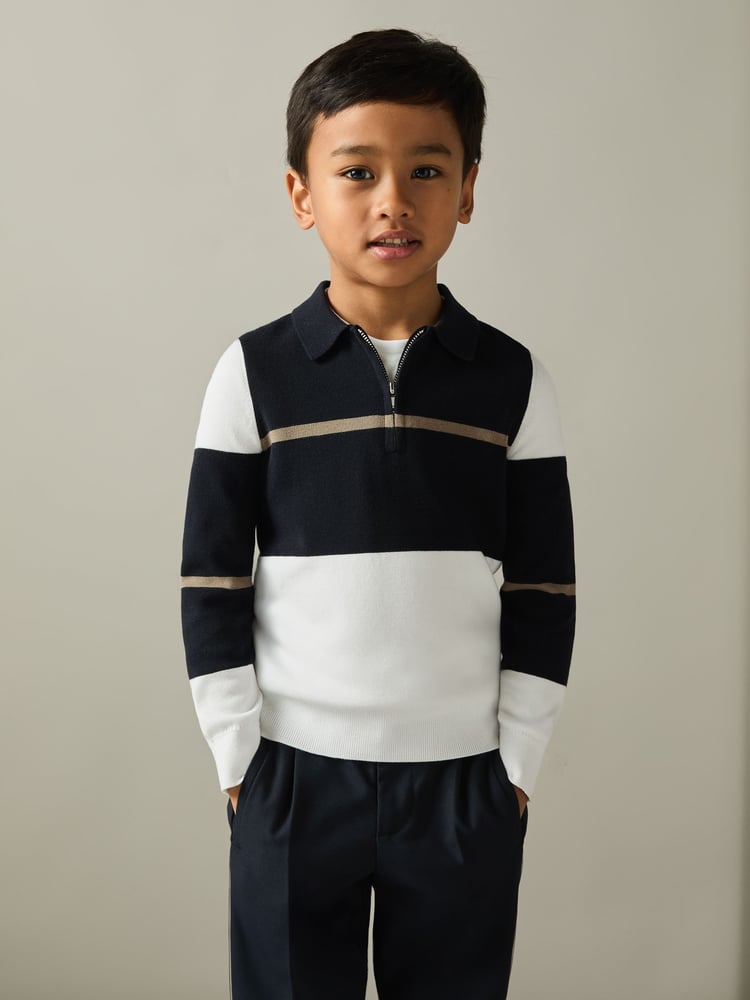 Reiss Navy/White/Camel Tokyo 3-9 yrs Colour-Block Half-Zip Polo Shirt - Image 1 of 4