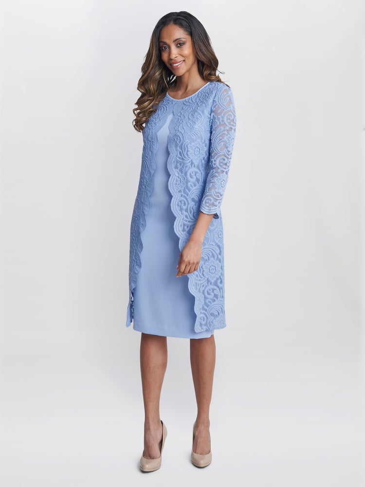 Gina Bacconi Blue Clarabelle Mock Lace Jacket And Crepe Dress - Image 1 of 5