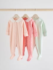 Pink 100% Cotton Collar Baby Sleepsuits 3 Pack (0-2yrs) - Image 1 of 12
