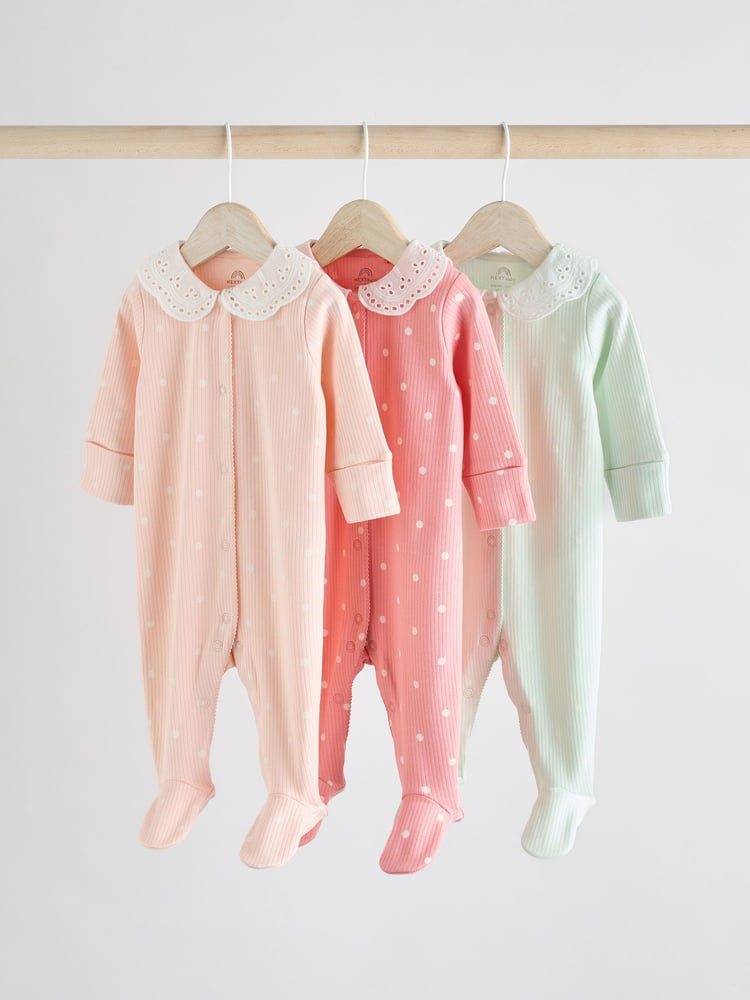 Pink 100% Cotton Collar Baby Sleepsuits 3 Pack (0-2yrs) - Image 1 of 12