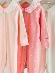 Pink 100% Cotton Collar Baby Sleepsuits 3 Pack (0-2yrs) - Image 7 of 12