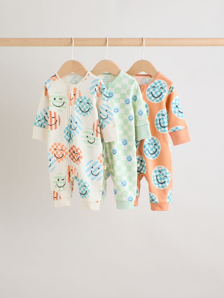 Orange 3 Pack Two Way Zip 100% Cotton Baby Sleepsuits (0mths-3yrs) - Image 1 of 12
