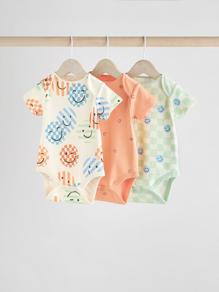 Blue/White/Orange Happy Face Short Sleeve Baby Bodysuits 3 Pack - Image 1 of 11