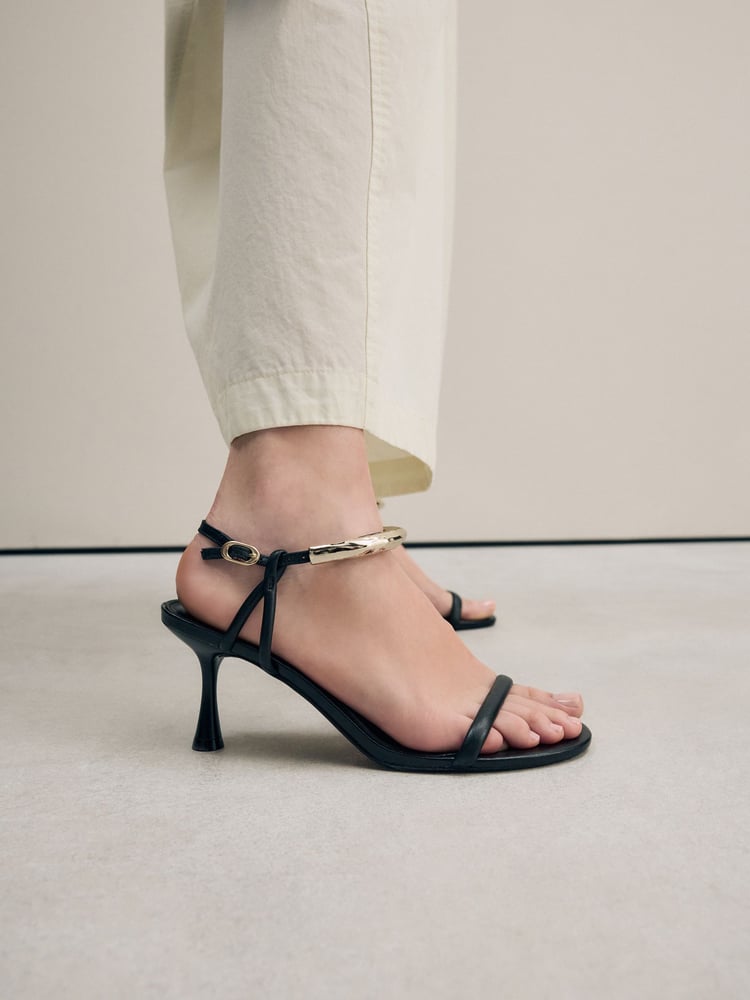 Black Signature Leather Ankle Cuff Sandal Heels - Image 1 of 10