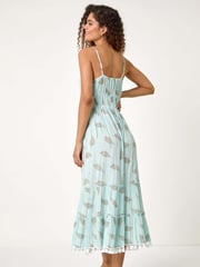 Roman Blue Metallic Leaf Print Shirred Maxi Dress - Image 3 of 5