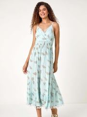 Roman Blue Metallic Leaf Print Shirred Maxi Dress - Image 4 of 5