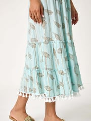 Roman Blue Metallic Leaf Print Shirred Maxi Dress - Image 5 of 5