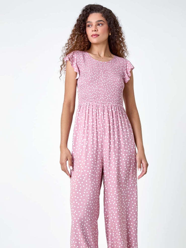 Roman Pink Polka Dot Shirred Jumpsuit - Image 1 of 5