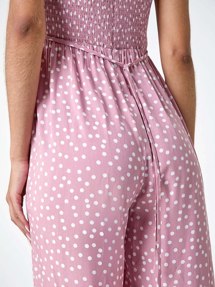 Roman Pink Polka Dot Shirred Jumpsuit - Image 5 of 5
