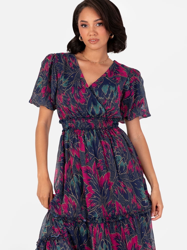 Lovedrobe Shirring Waist Puff Sleeve Midi Dress - Image 1 of 4