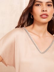 Friends Like These Cream V Neck  Shortss Sleeve Satin Blouse - Image 2 of 4