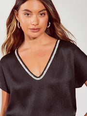 Friends Like These Black V Neck  Shortss Sleeve Satin Blouse - Image 2 of 4