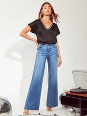 Friends Like These Black V Neck  Shortss Sleeve Satin Blouse - Image 3 of 4
