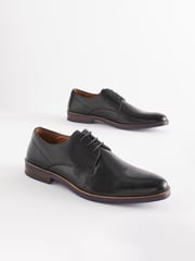 Black Wide Fit Leather Derby Shoes with Navy Contrast Sole - Image 2 of 7