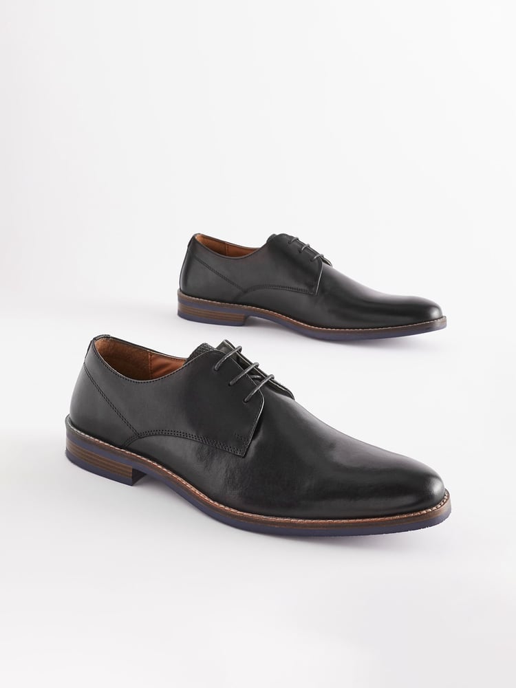 Black Wide Fit Leather Derby Shoes with Navy Contrast Sole - Image 2 of 7