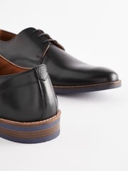 Black Wide Fit Leather Derby Shoes with Navy Contrast Sole - Image 6 of 7
