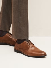 Tan Brown Wide Fit Leather Derby Shoes with Navy Contrast Sole - Image 1 of 8