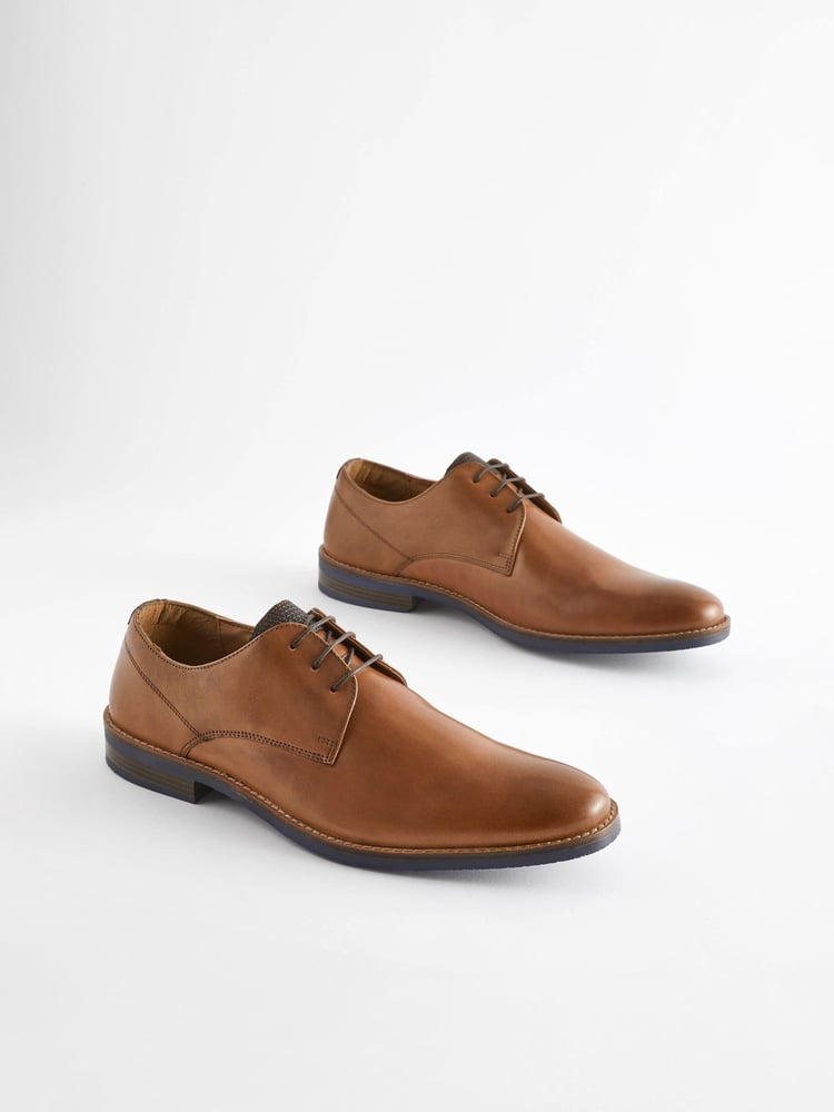 Tan Brown Wide Fit Leather Derby Shoes with Navy Contrast Sole - Image 2 of 8
