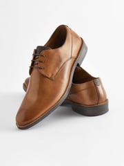Tan Brown Wide Fit Leather Derby Shoes with Navy Contrast Sole - Image 4 of 8