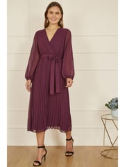 Yumi Purple Pleated Wrap Midi Dress With Sheer Long Sleeves - Image 2 of 4