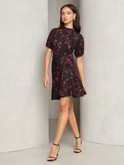 Lipsy Black Floral Puff Sleeve Ruched Jersey Mini Dress - Image 2 of 4