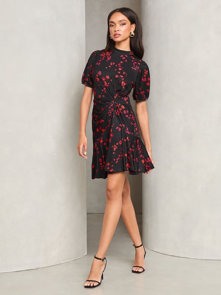 Lipsy Black Floral Puff Sleeve Ruched Jersey Mini Dress - Image 2 of 4 Lipsy Black Floral Puff Sleeve Ruched Jersey Mini Dress - Image 2 of 4