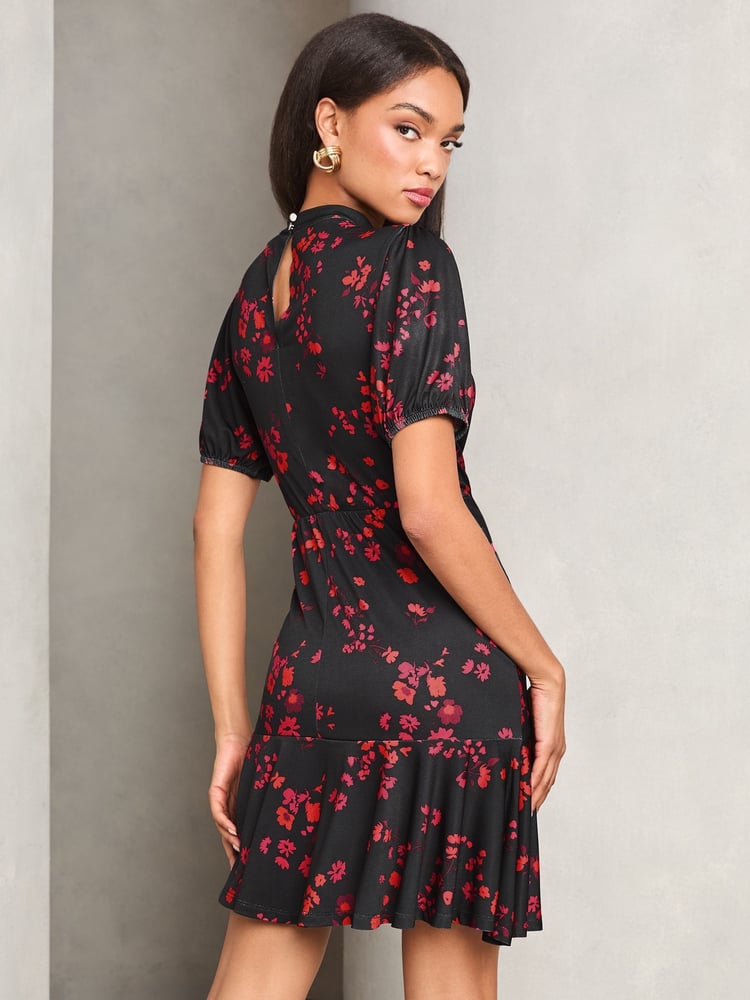 Lipsy Black Floral Puff Sleeve Ruched Jersey Mini Dress - Image 4 of 4 Lipsy Black Floral Puff Sleeve Ruched Jersey Mini Dress - Image 4 of 4