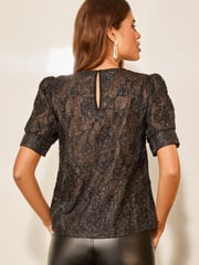 Lipsy Black Petite Printed Short Puff Sleeve Top - Image 2 of 4