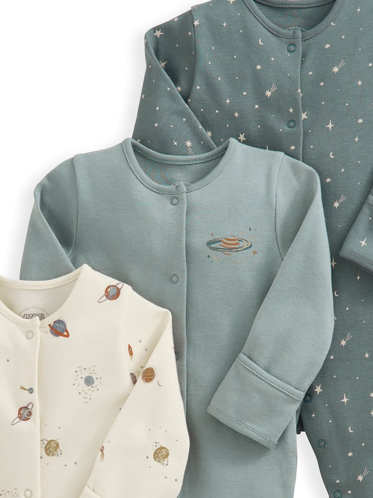 Mamas & Papas Blue 100% Cotton Planets Sleepsuits 3 Pack - Image 3 of 3