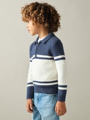 Reiss Blue/White Gallow 9-13 yrs Half-Zip Colour-Block Polo Shirt - Image 1 of 4