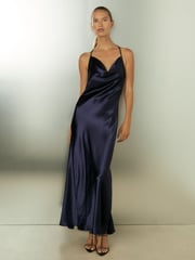 Reiss Indigo Paisley Petite Cowl-Neck Hammered-Satin Slip Dress - Image 1 of 6