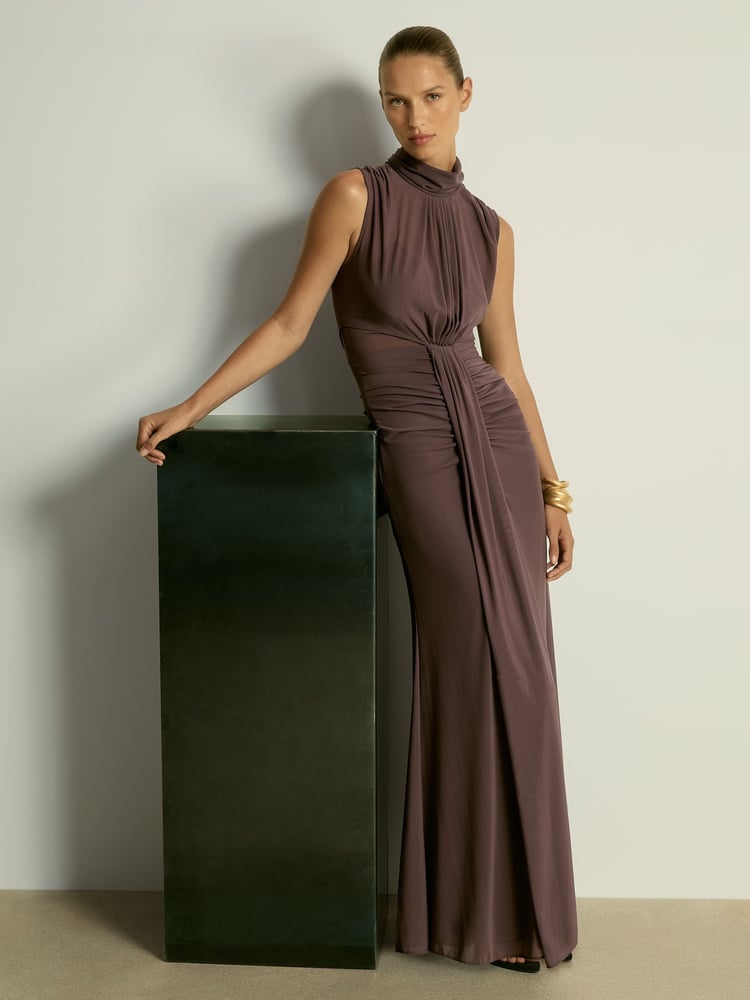 Reiss Taupe Daniella Petite Sheer Ruched Maxi Dress - Image 1 of 7