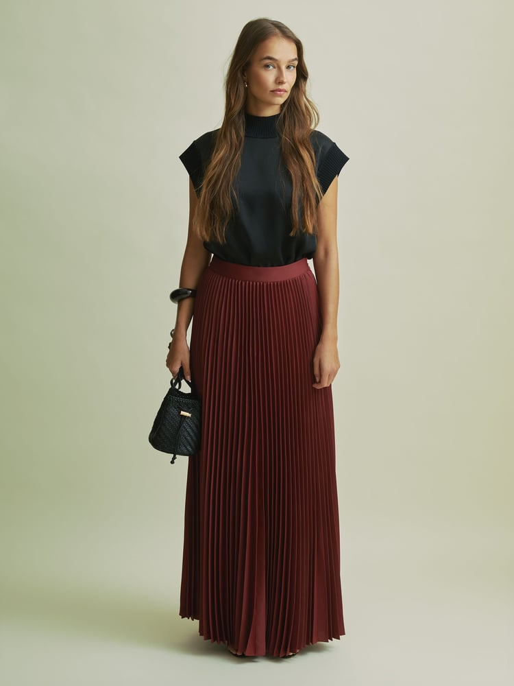 Florere Cinnamon Pleated Satin Maxi Skirt - Image 1 of 6