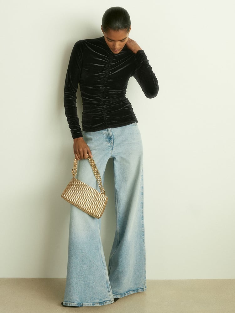 Reiss Black Ari Velvet Ruched Long-Sleeve Top - Image 1 of 6