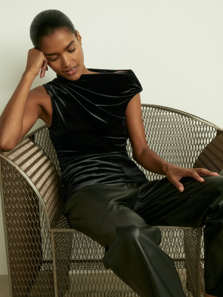 Reiss Black Dylan Velvet Drape Off-Shoulder Top - Image 1 of 6
