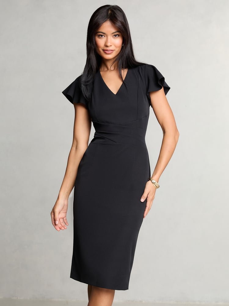 Lipsy Black Petite V Neck Smart Flutter Sleeve Midi Dress - Image 1 of 4