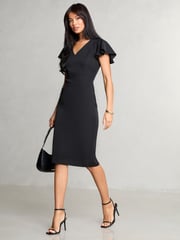 Lipsy Black Petite V Neck Smart Flutter Sleeve Midi Dress - Image 3 of 4