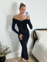 Style Cheat Black Heidi Bardot Off The Shoulder Sparkle Midi Party Dress - Image 1 of 4