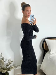 Style Cheat Black Heidi Bardot Off The Shoulder Sparkle Midi Party Dress - Image 2 of 4