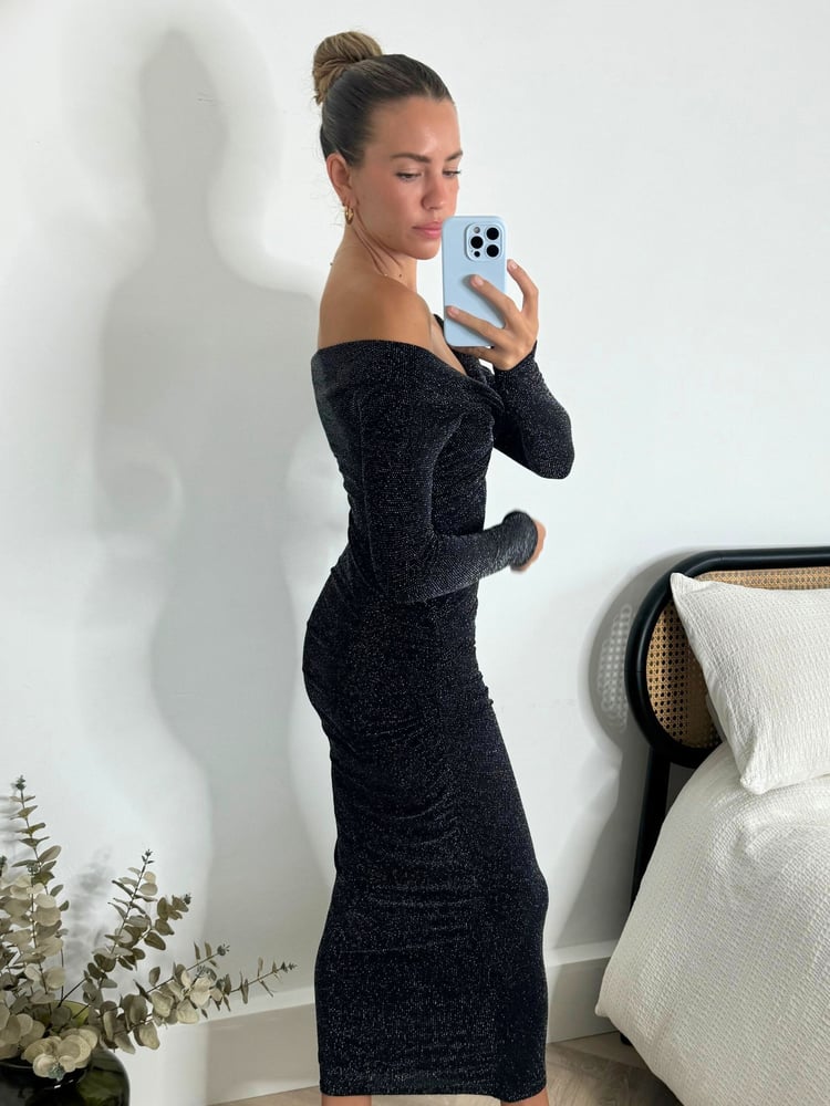Style Cheat Black Heidi Bardot Off The Shoulder Sparkle Midi Party Dress - Image 2 of 4