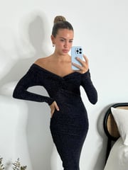 Style Cheat Black Heidi Bardot Off The Shoulder Sparkle Midi Party Dress - Image 3 of 4