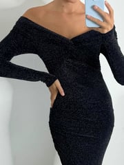 Style Cheat Black Heidi Bardot Off The Shoulder Sparkle Midi Party Dress - Image 4 of 4