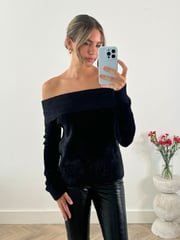 Style Cheat Black Fluffy Off Shoulder Bardot Knitted Jumper - Image 1 of 4