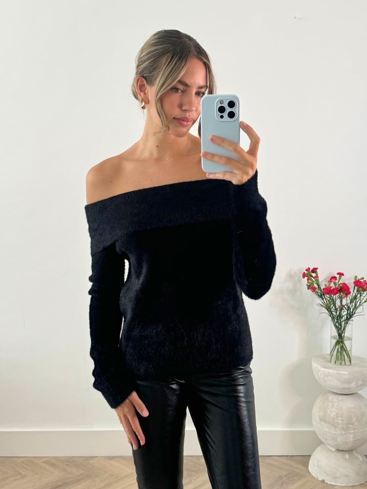 Style Cheat Black Fluffy Off Shoulder Bardot Knitted Jumper - Image 1 of 4