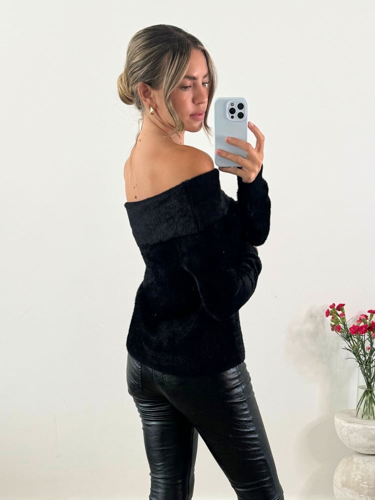 Style Cheat Black Fluffy Off Shoulder Bardot Knitted Jumper - Image 2 of 4