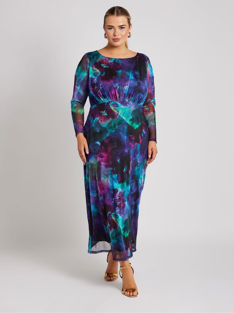 Yours Curve Blue London Mesh Dress - Image 2 of 5
